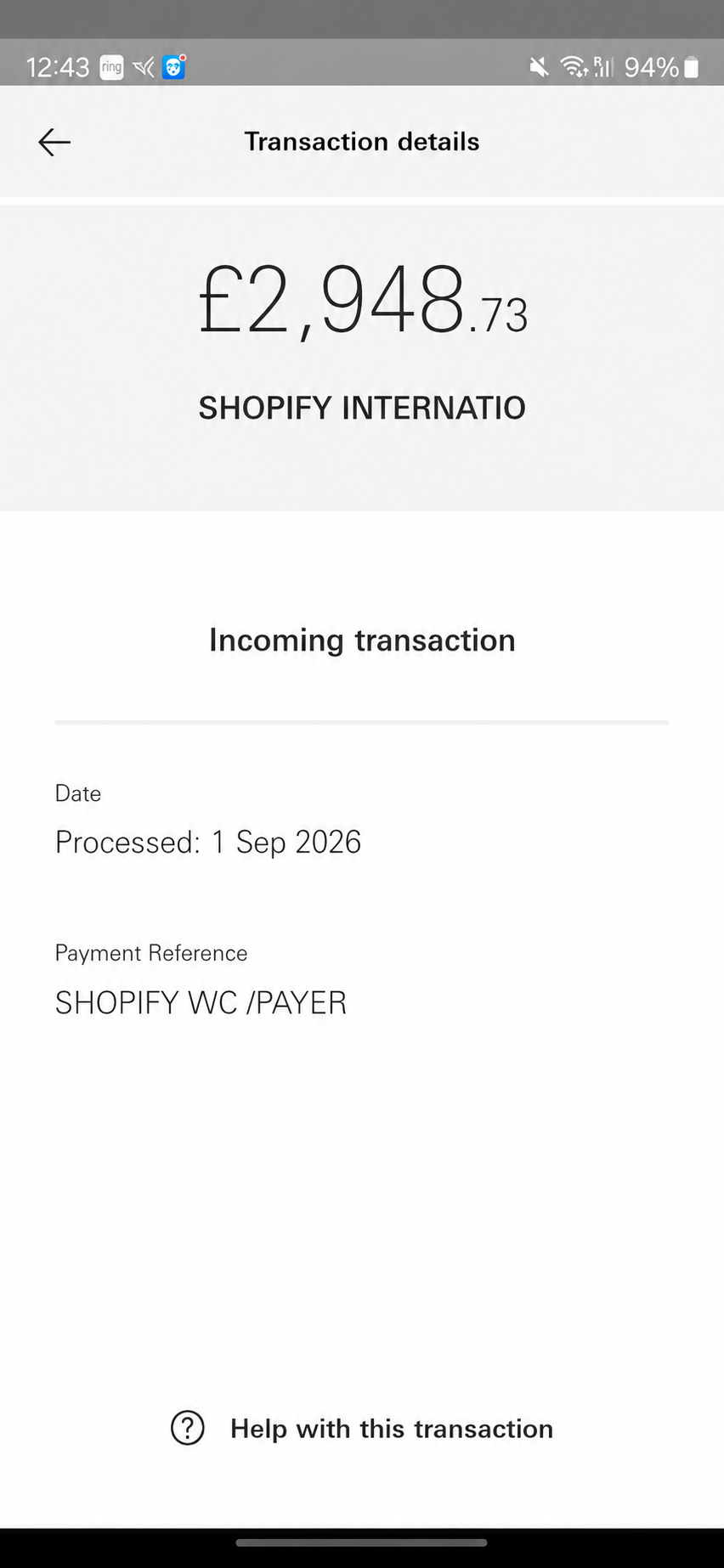 £2,948.73 ecommerce transaction