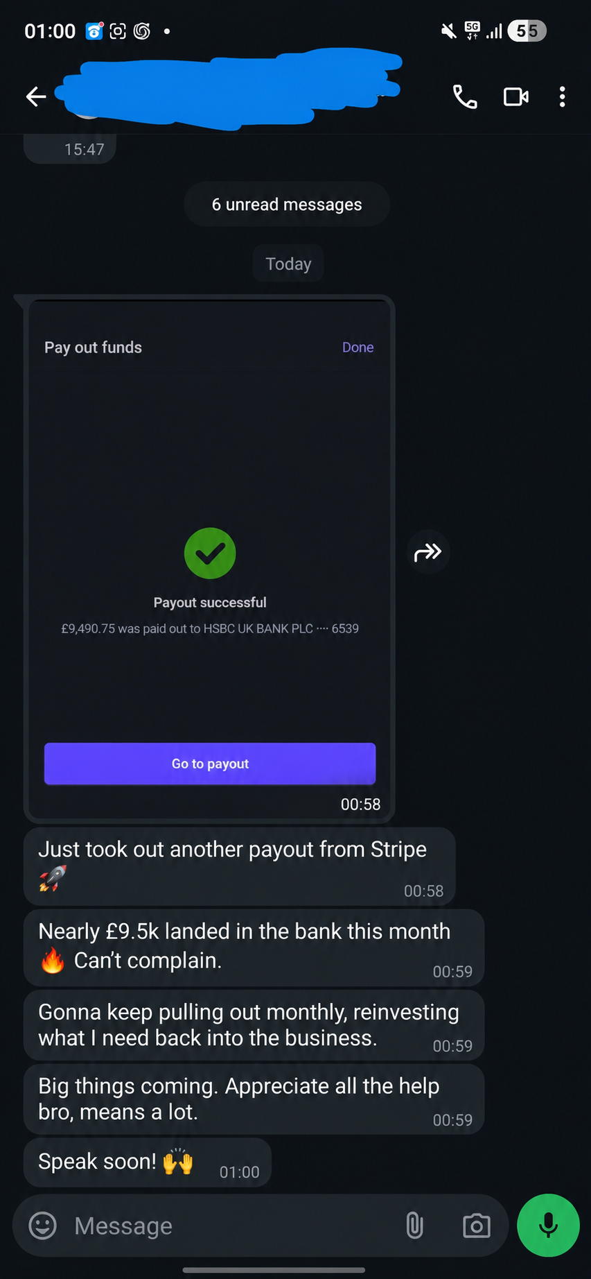 Student message sharing a successful £9,490.75 payout