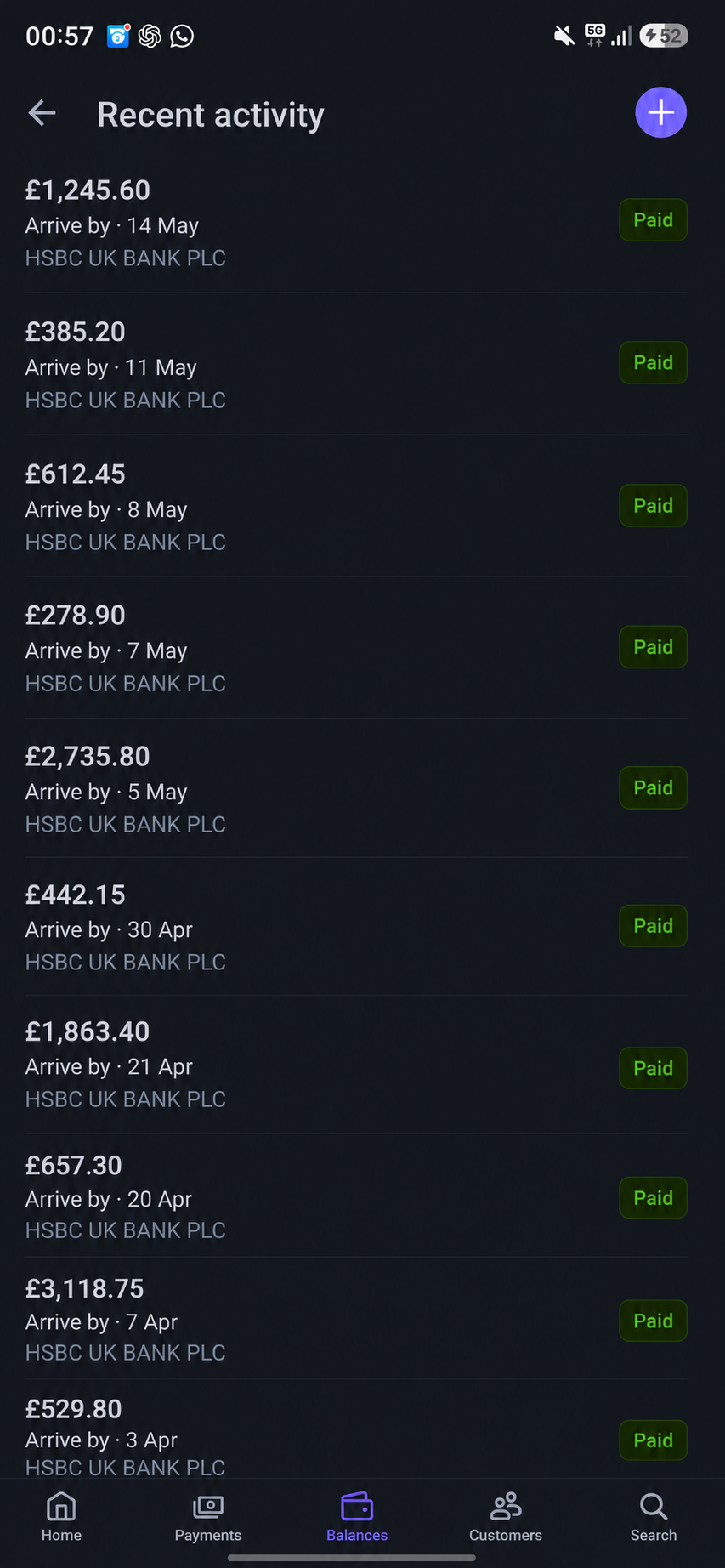 A student's completed ecommerce payouts across several dates