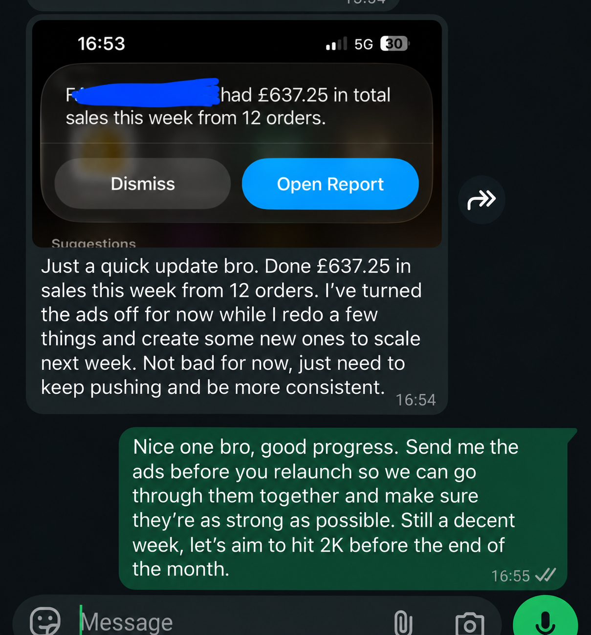 Student conversation sharing £637.25 in weekly sales